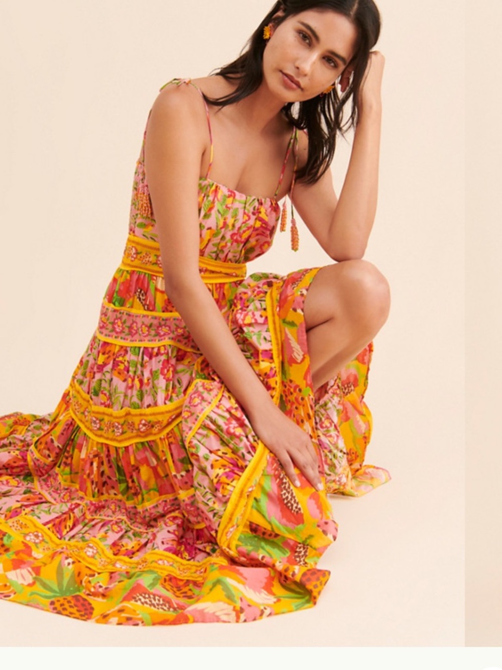 Farm Rio Paradise Dress Size Medium Colorful Mixed Fruits Midi Smocked Summer